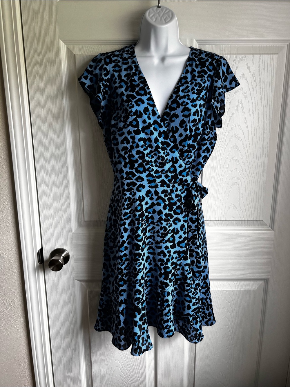 Banana Republic Blue and Black Leopard Print Wrap Mini Dress